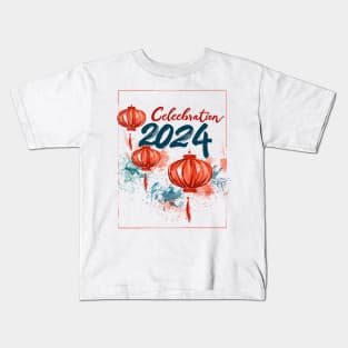 Red and Blue 2024 Celebration: Paintbrush Art of Chinese Lantern & Firework Kids T-Shirt